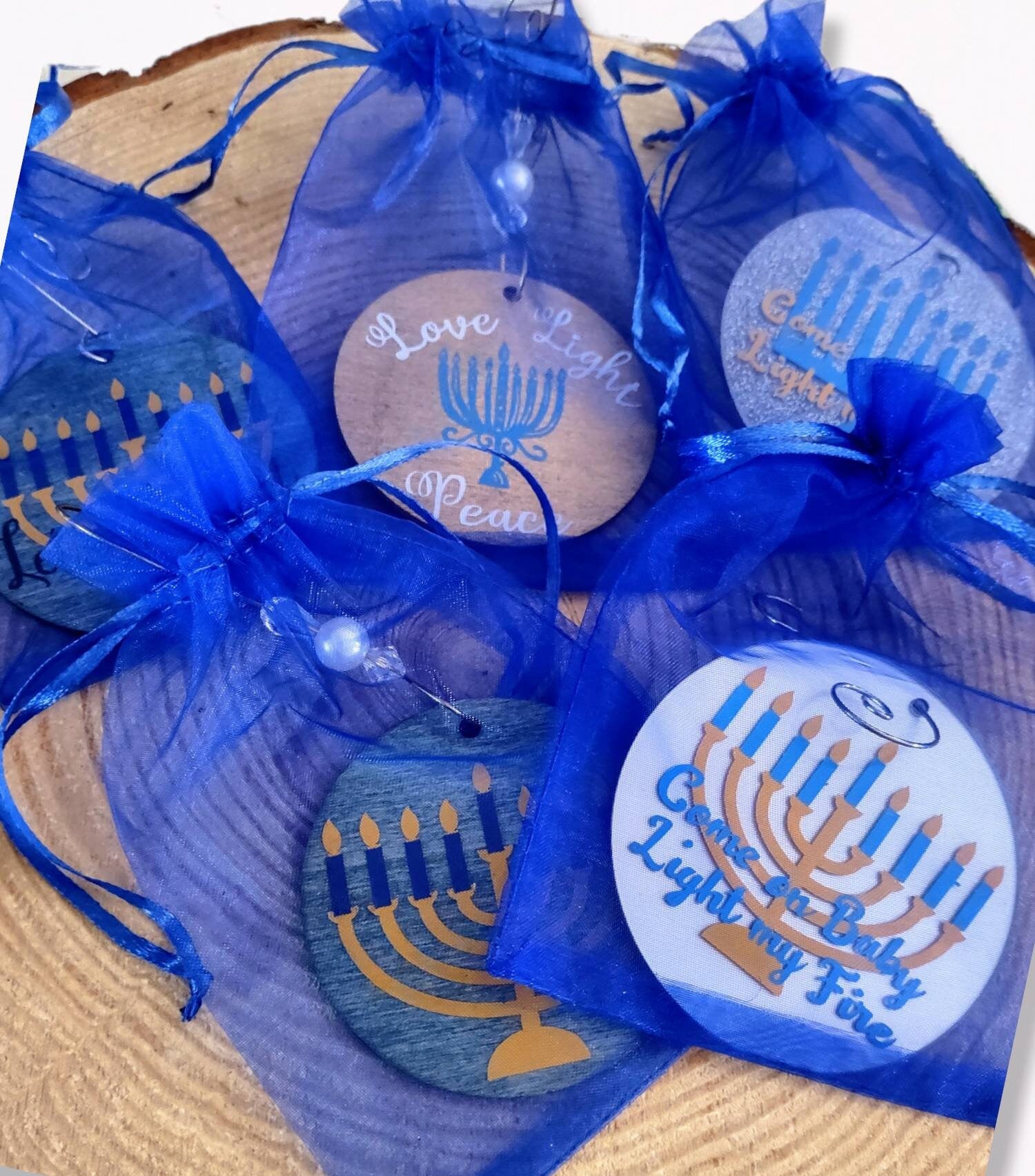 Menorah Ornaments — hand-painted wood hanging decorations on twine | Judaica Square Lakewood (view 10)