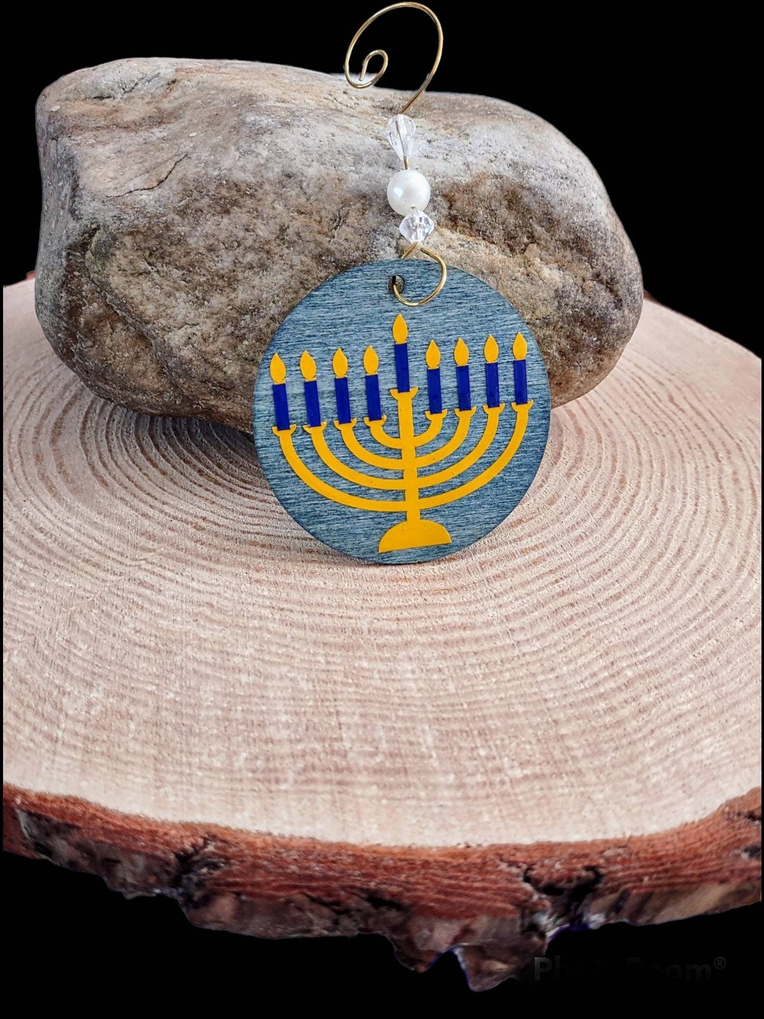 Menorah Ornaments — hand-painted wood hanging decorations on twine | Judaica Square Lakewood (view 8)
