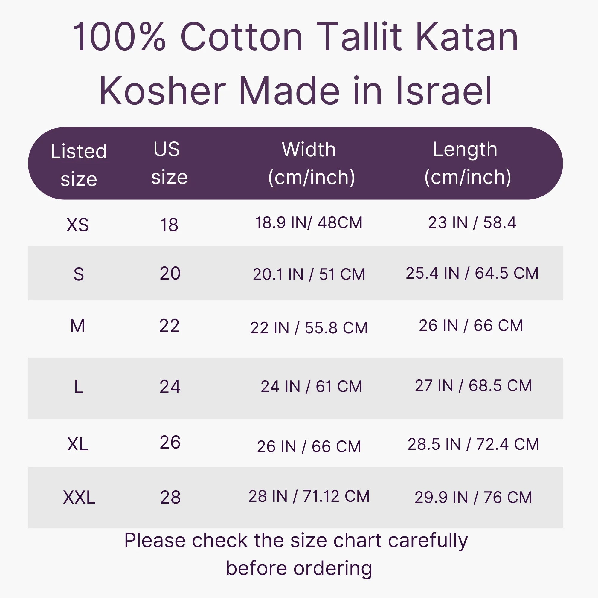 Men's cotton tallit katan size chart with garment measurements