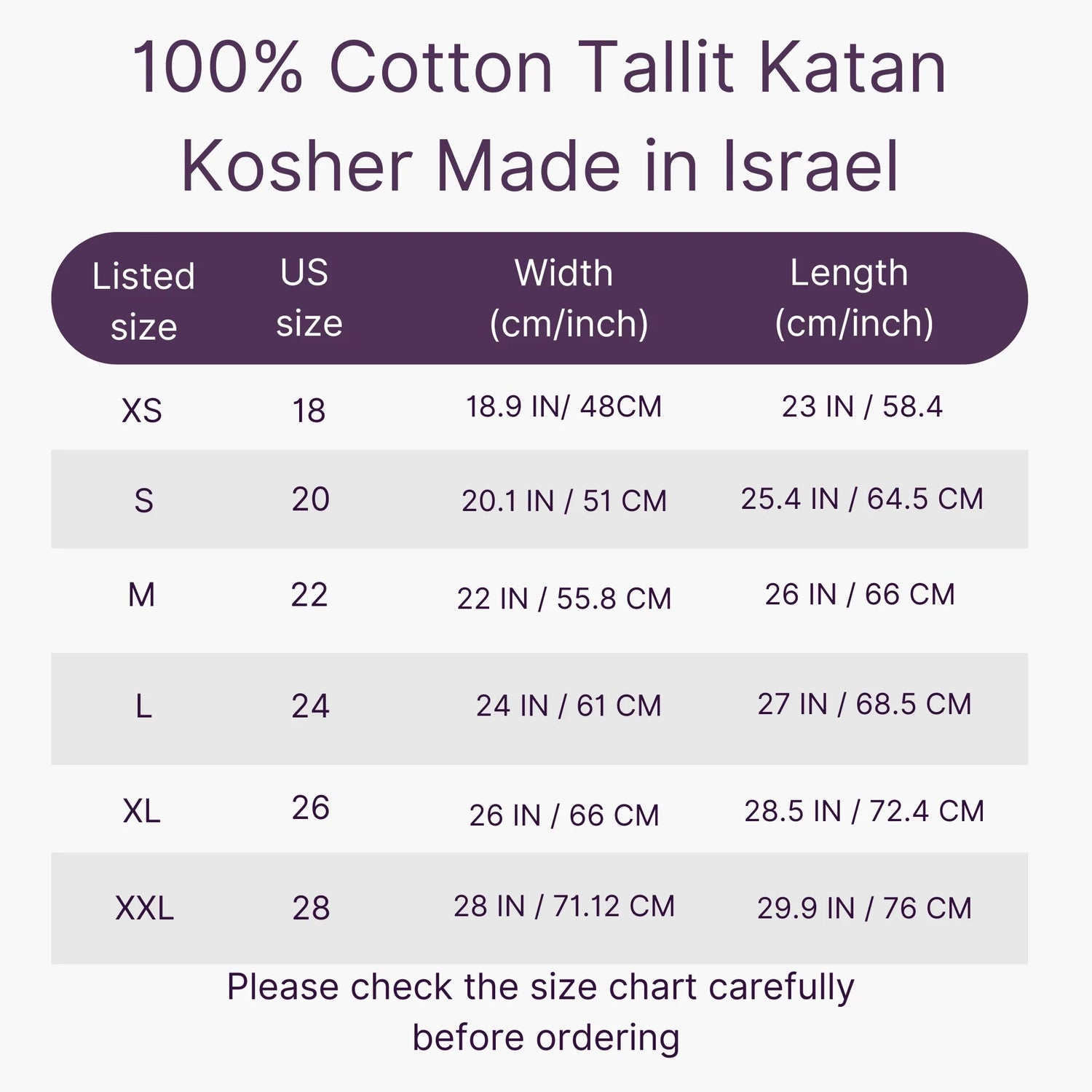 Boys' cotton tallit katan size chart with garment measurements