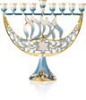 Curved metal Chanukah menorah with colorful jewel-like accents