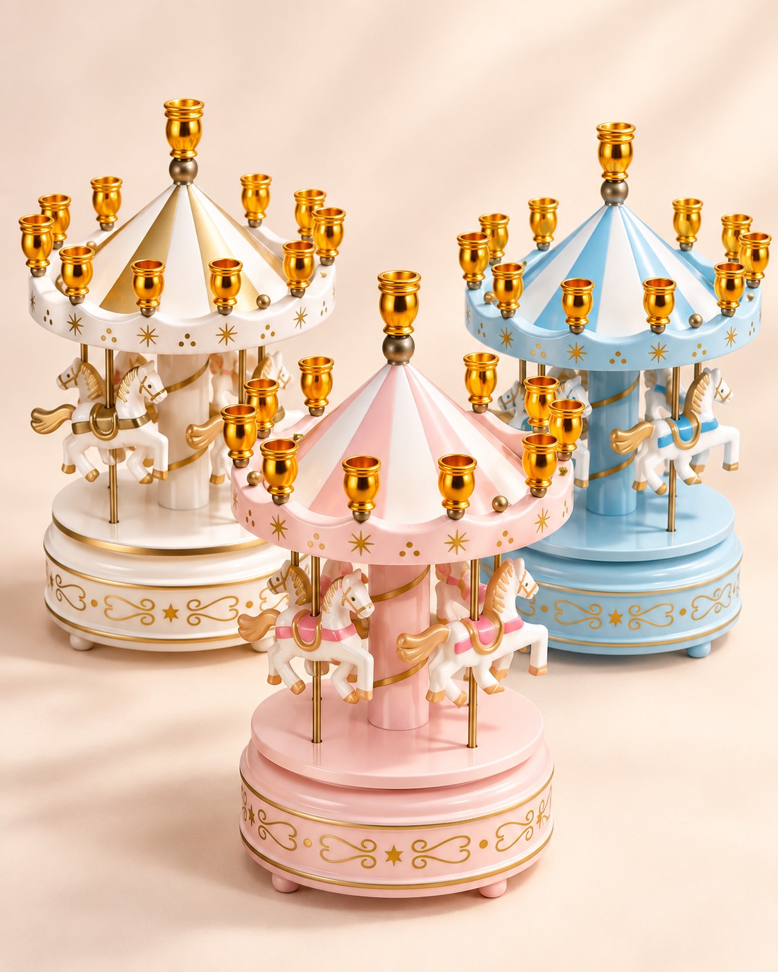 Carousel music box menorahs in white, blue and pink