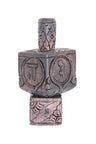 Hand-carved dark wood dreidel with Hebrew letters in oval frames on a carved base