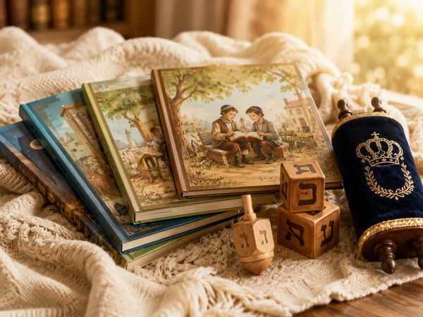 Jewish children’s books with alef beis toys and a plush Torah in a cozy warm setting
