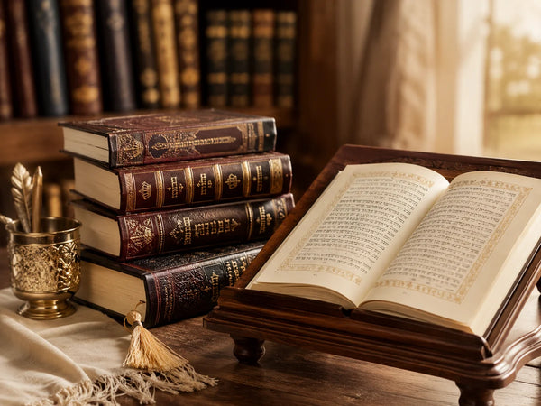 Leather-bound seforim and an open Hebrew book on a shtender in warm Judaica study setting