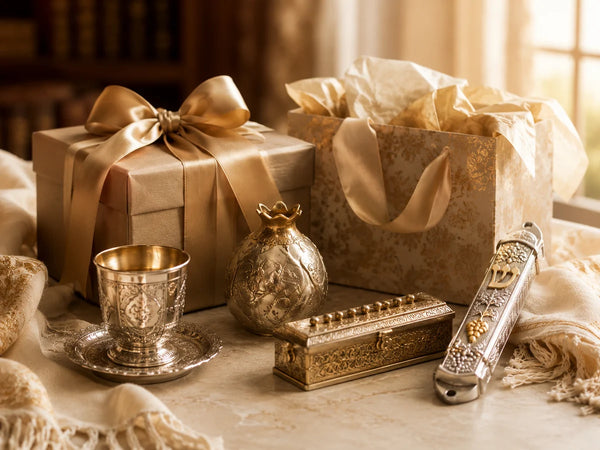 Luxury Judaica gifts with mezuzah case, kiddush cup, pomegranate decor and gold gift packaging
