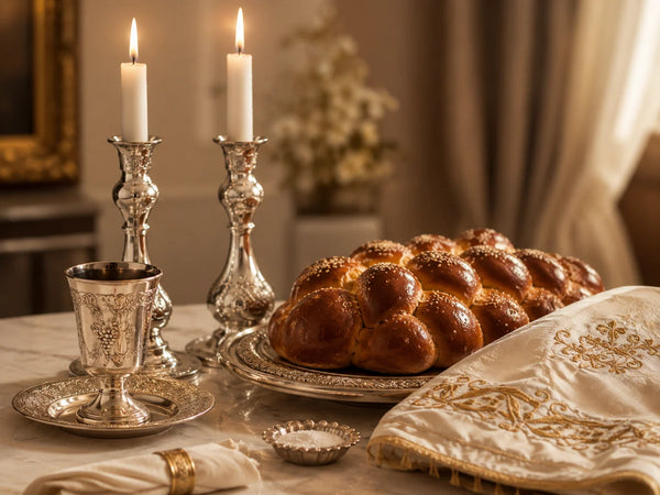 Elegant Shabbos table with silver candlesticks, kiddush cup, challah and embroidered challah cover