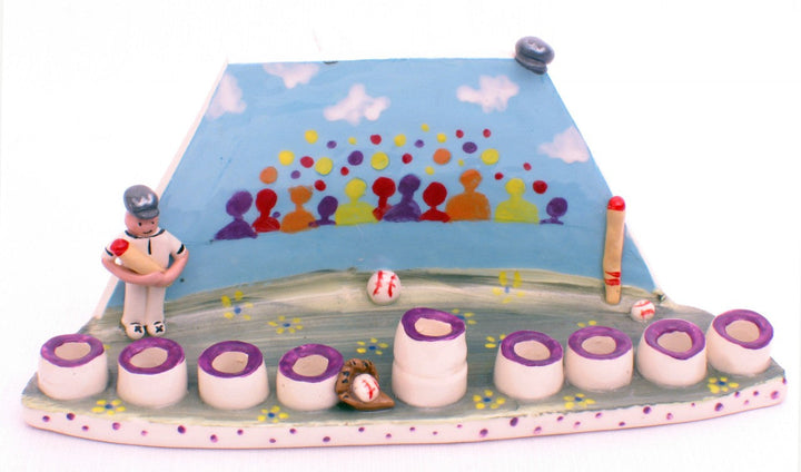 Ceramic baseball menorah with a painted ballpark crowd and a player figure