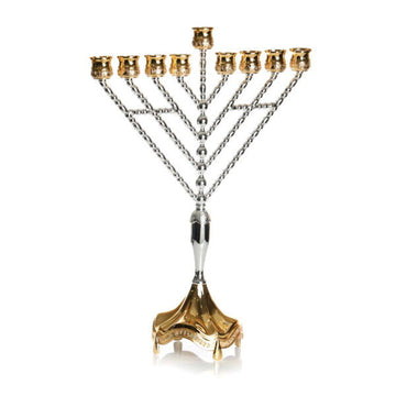 Chabad-style menorah with straight diagonal silver arms, gold cups and a gold footed base