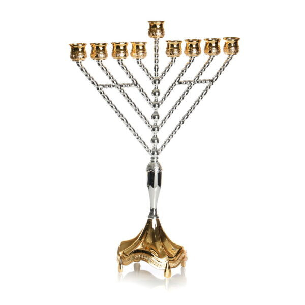 Chabad-style menorah with straight diagonal silver arms, gold cups and a gold footed base