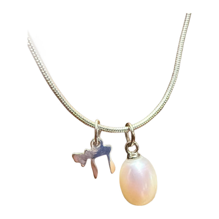 Chai Necklace, Sterling Silver with Freshwater Pearl Charm, 18 Inch, front view