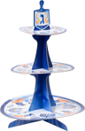 Blue and white 3 tier Chanukah dessert stand with a dreidel on top