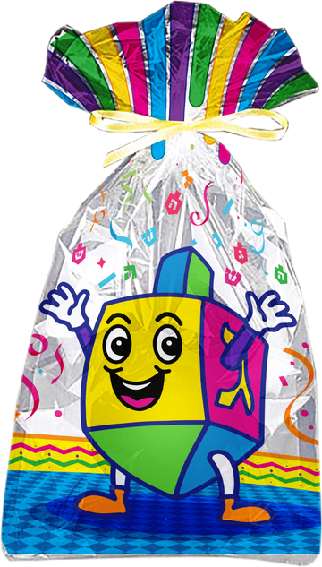 Clear Chanukah cello treat bag printed with a smiling dreidel