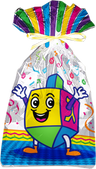 Clear Chanukah cello treat bag printed with a smiling dreidel