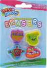 Four Chanukah erasers shaped as a menorah, oil jug, dreidel and donuts