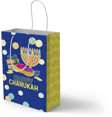 Blue Chanukah gift bag with a menorah and Happy Chanukah