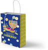 Blue Chanukah gift bag with a menorah and Happy Chanukah