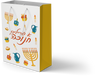 White Chanukah gift bag with menorahs and Yiddish lettering