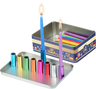 Travel menorah with colored metal cups on a silver tray beside its decorated tin filled with candles