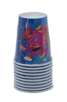 Stack of colorful 9 oz Chanukah paper cups with a menorah and donuts