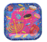 Colorful 7 inch Chanukah paper plate with a menorah, dreidels and donuts
