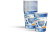 Blue design Chanukah party cups with Happy Chanukah and a menorah