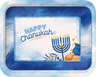 Blue and white Chanukah serving tray with Happy Chanukah and a menorah
