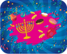 Colorful Chanukah serving tray with a gold menorah and donuts
