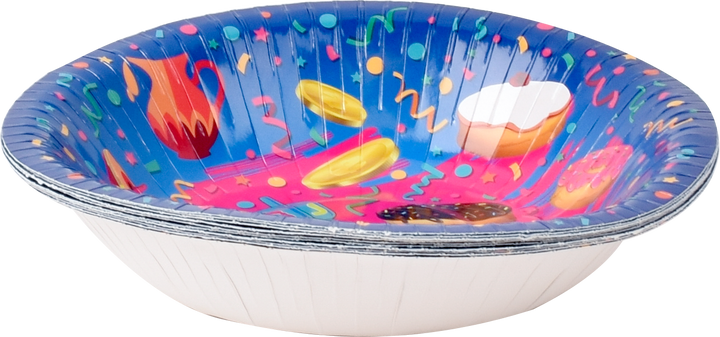 Colorful Chanukah soup bowl printed with a menorah, dreidels and donuts