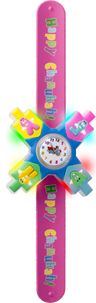 Chanukah spinning watch on a pink Happy Chanukah slap band