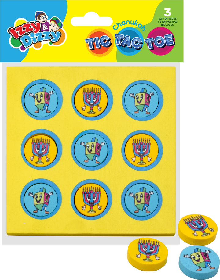 Izzy 'n' Dizzy Chanukah tic tac toe board with dreidel and menorah character pieces