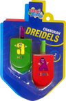 Green and red large wooden dreidels with cartoon character letters on a dreidel shaped card