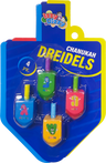 Four colored wooden dreidels with cartoon character Hebrew letters on a dreidel shaped card