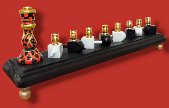 Hand painted checkerboard candlestick menorah with mini dreidels