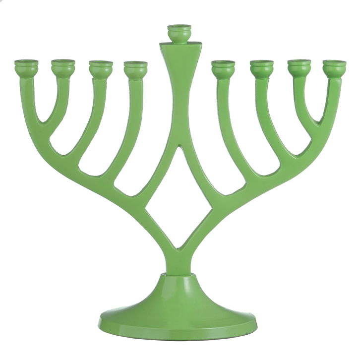 Glossy green classic candle menorah with eight curved branches and a raised center shamash
