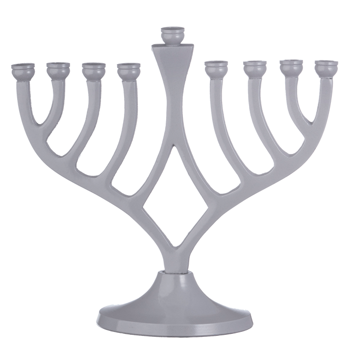 Soft grey classic candle menorah with eight curved branches and a raised center shamash