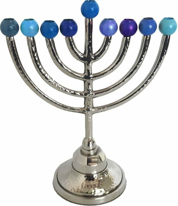 Hammered silver tone classic menorah with round blue anodized cups