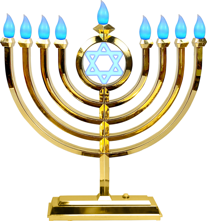 Gold classic LED menorah with a Star of David medallion