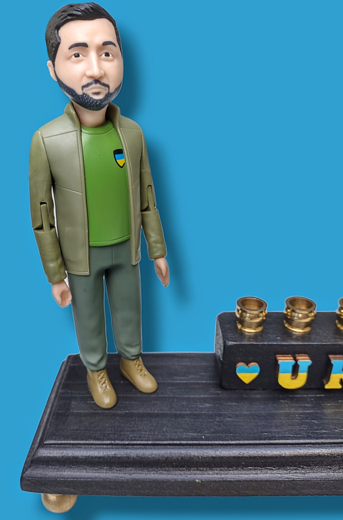 Stand With Ukraine Menorah — Zelensky figure with blue and yellow wood letters | Judaica Square Lakewood (view 7)