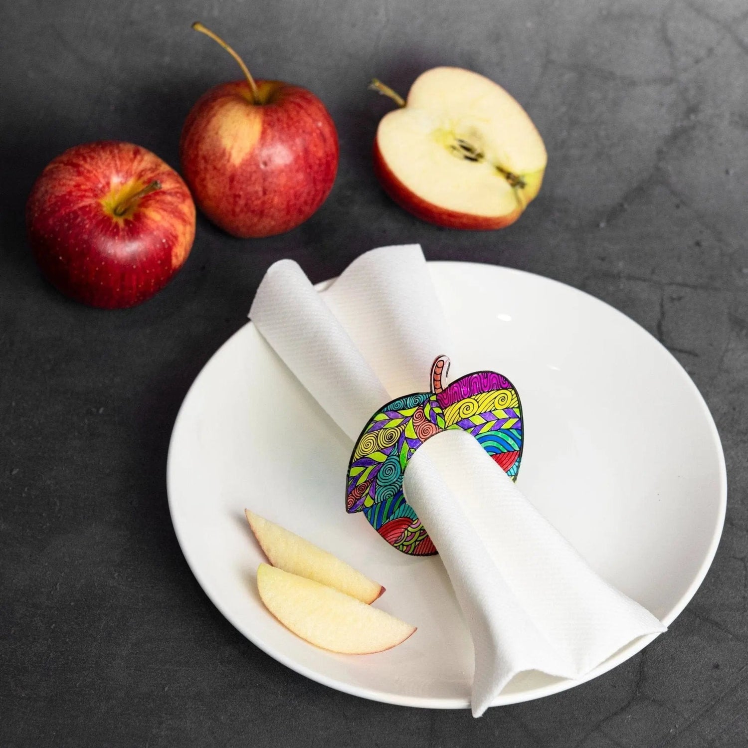 Color it Acrylic Apple Napkin Rings — styled in-room | Judaica Square Lakewood