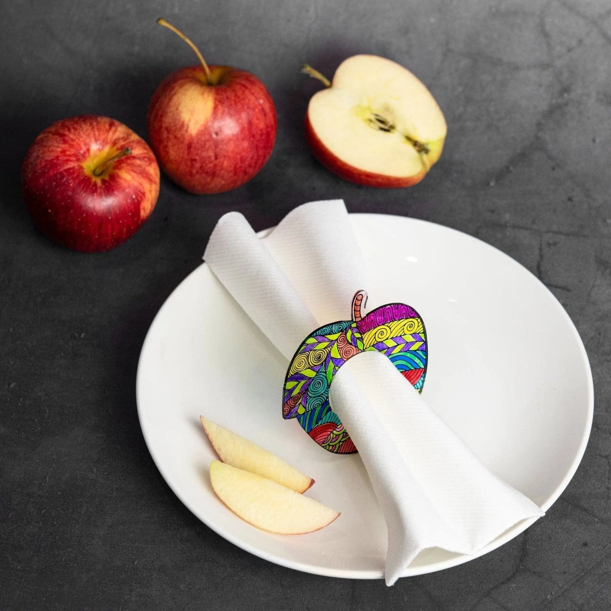 Color it Acrylic Apple Napkin Rings — styled in-room | Judaica Square Lakewood