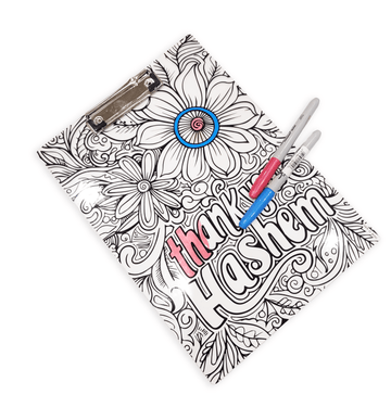 Thank You Hashem Lucite clipboard with flower line art, metal clip and pink and blue markers