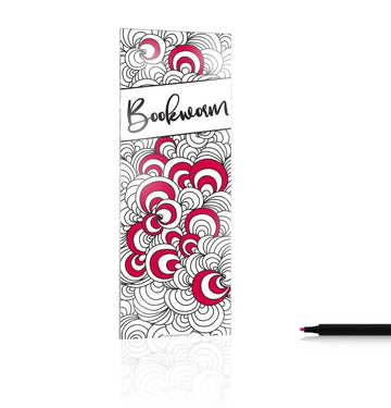 Uncolored Bookworm Lucite bookmark with red and white swirl pattern beside a black marker