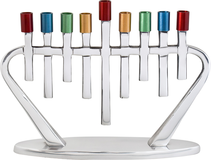 Silver aluminum menorah with angled arms and red, blue, green, orange and teal cups on a low base