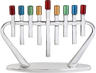 Silver aluminum menorah with angled arms and red, blue, green, orange and teal cups on a low base