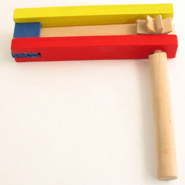 Colorful wooden Purim gragger with red, blue, yellow and green sections and a natural handle