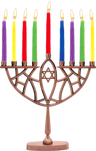 Copper-tone geometric candle menorah with central Star of David and colored candles