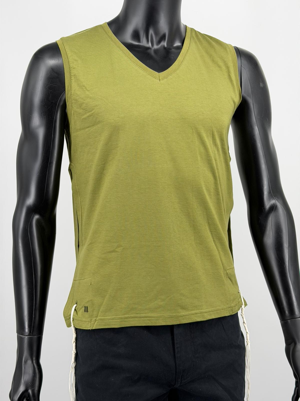 Green sleeveless cotton tzitzit tank top, front view