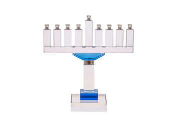 Crystal pedestal menorah with deep blue accents