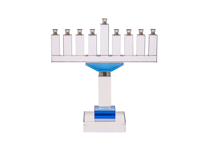 Crystal pedestal menorah with deep blue accents